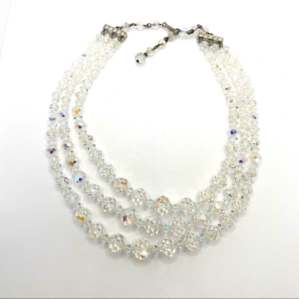 Laguna 1960s Aurora Borealis Crystal Necklace Three Strands Vintage